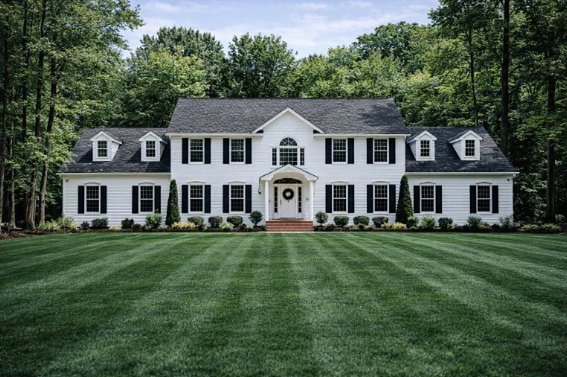 Kingsbury, a white colonial estate with black shutters and dormers